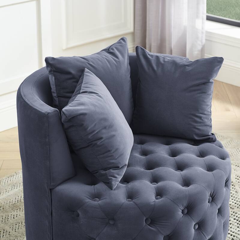 Roomfitters Velvet Swivel Chair with Tufted Button Design, Round Accent Chair with 3 Pillows and Wheels, Lounge Seating