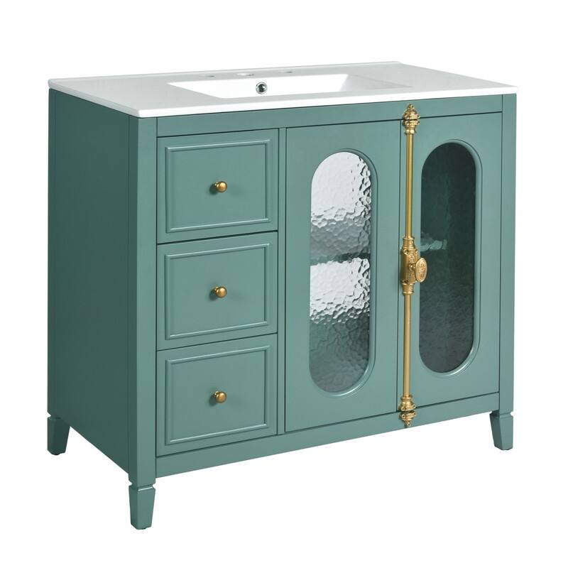 Bathroom Vanity with 36-inch Sink, Wood Modern Bathroom Storage Cabinet with 3 Drawers & 2 Soft Close Glass Doors