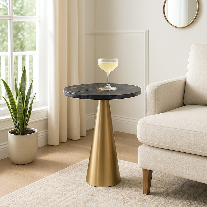 Marble Metal Side Table Round Top Sleek Narrow Base - 22" Grey - 22.25" - Marble - 22.25" - Black