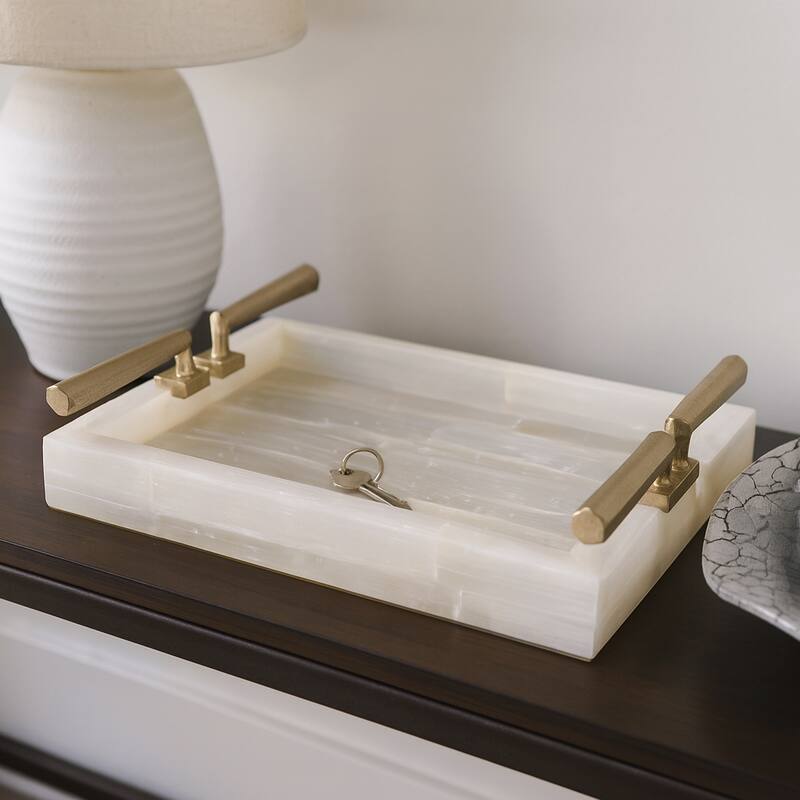 Stone Decorative Tray Chic Stylish Hardware Handles - 14" Gold - 13.75"
