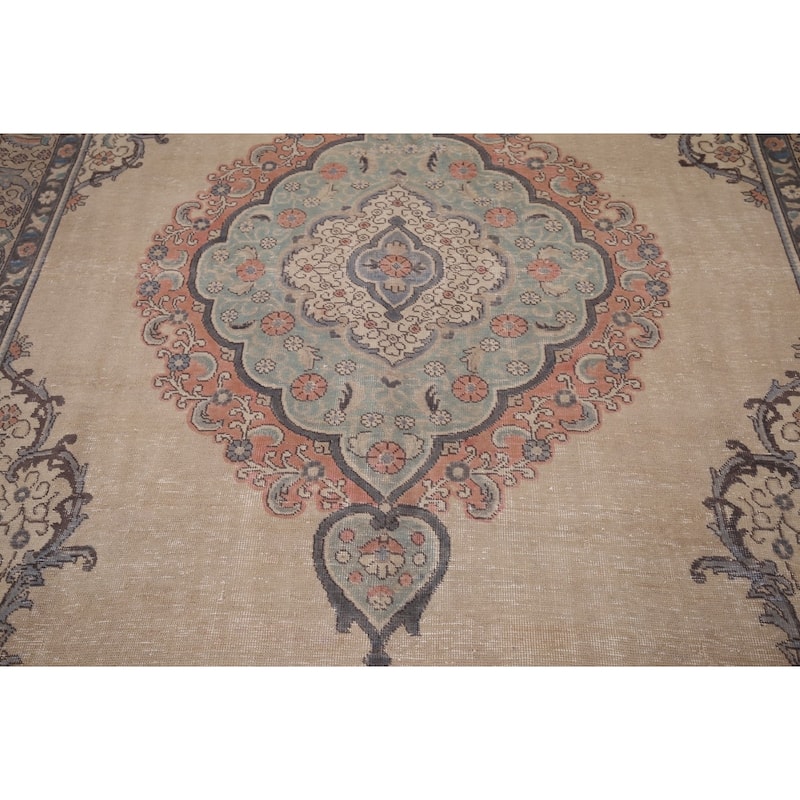 Distressed Tabriz Persian Vintage Area Rug Handmade Beige Wool Carpet - 7'10" x 11'1"
