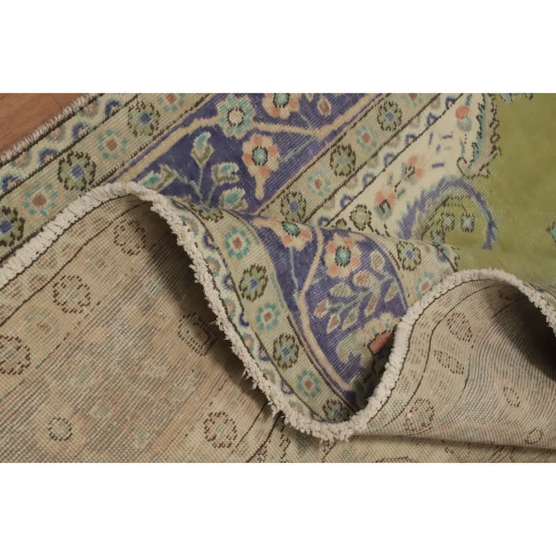 Hand Knotted Oriental 100% Wool Carpet Traditional Floral Green Tabriz Area Rug - 9' 5'' X 6' 5''