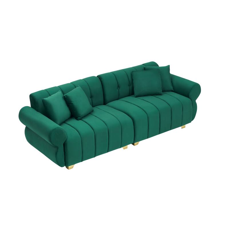 89-inch Green Velvet Sofa with Spring-wrapped Cushions and 4 Throw Pillows