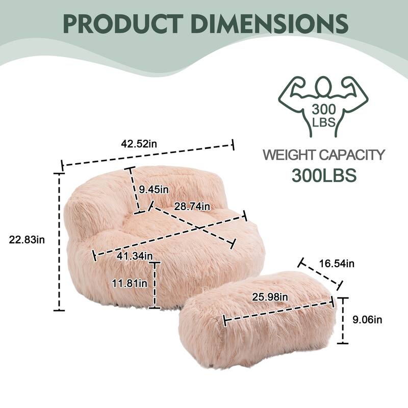 Plush Upholstered Round Comfort Lounger Bean Bag Chair with Ottoman
