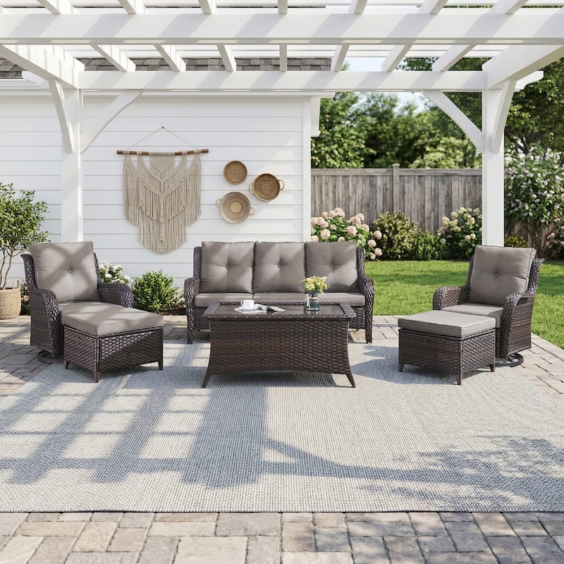 Pocassy Outdoor 6 Pieces 3-Seat Sofa Swivel Chairs Table Ottoman - Brown Wicker - Gray cushion