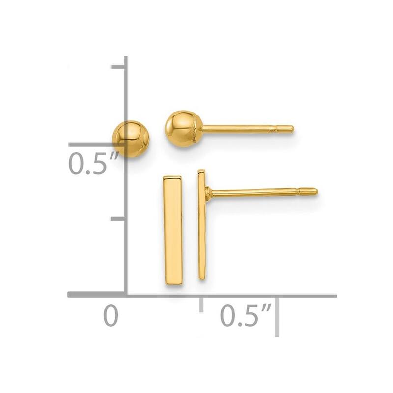 Curata 14k Yellow Gold Polished 5mm Ball and 3mm Bar Earrings - Set