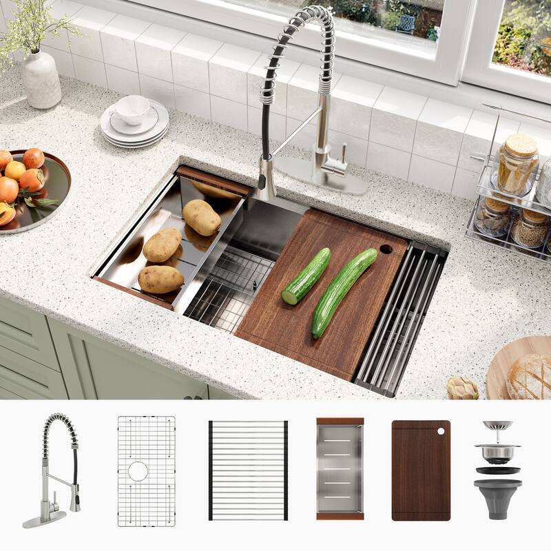 Undermount Single Bowl Nano Brushed Stainless Steel Workstation Kitchen Sink with Two-Function Kitchen Faucet and Accessories