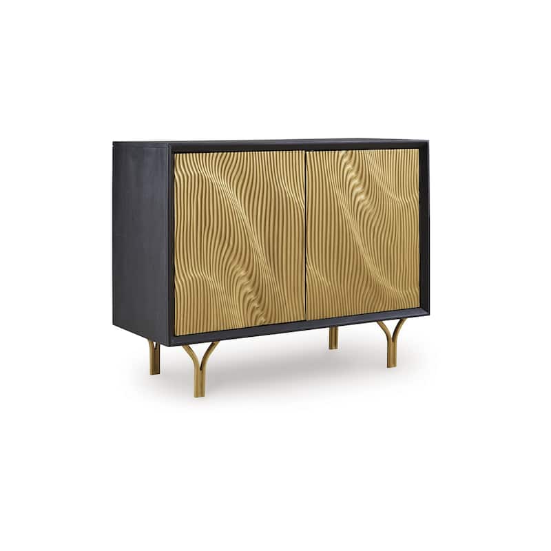 Yien Sideboard Console, 2 Carved Doors, Gold Legs, Black Wood 40 Inch