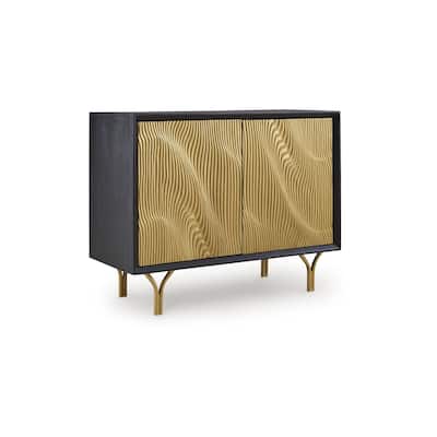 Yien Sideboard Console, 2 Carved Doors, Gold Legs, Black Wood 40 Inch