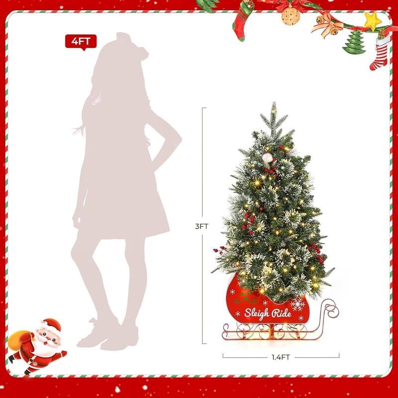3Ft Snow Flocked Artificial Christmas Tree with Sleigh Base - N/A