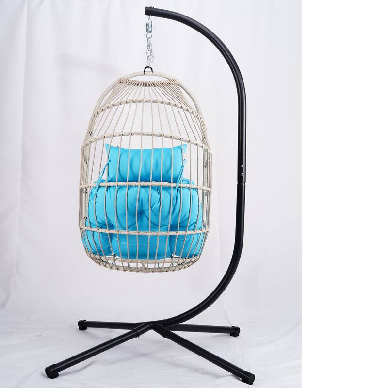 Outdoor Egg Hanging Chair, Swing Chair with Stand & Aluminum-Steel Frame, Patio Rattan Wicker Hanging Swing Egg Chair