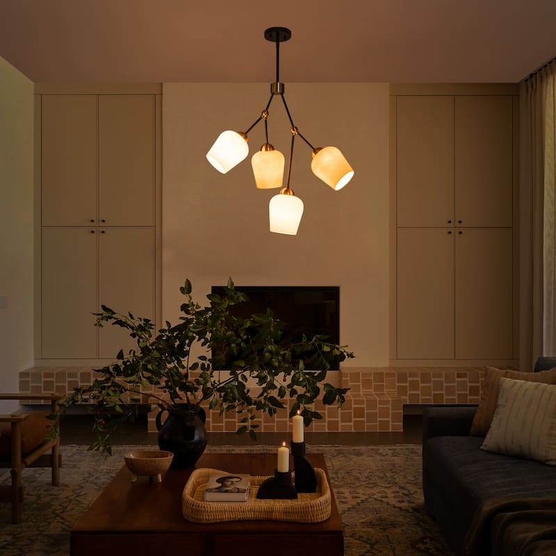 4-Light Black & Gold Y-Shaped Chandelier with Wood-Grain Glass Shades - Dia.22.83-in