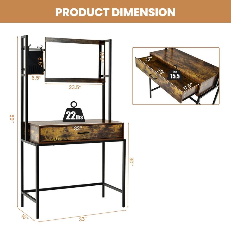 Gymax Industrial Vanity Table with 3-Height Adjustable Mirror Storage
