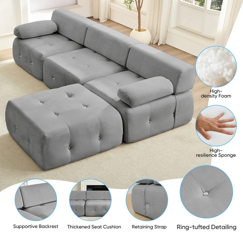 Mixoy 100inch Modular Sectional Sofa with Ottoman,Velvet 3-Seater L-Shaped Couch for Living Room - 100.4"w x 66.9"D x 24.8"H