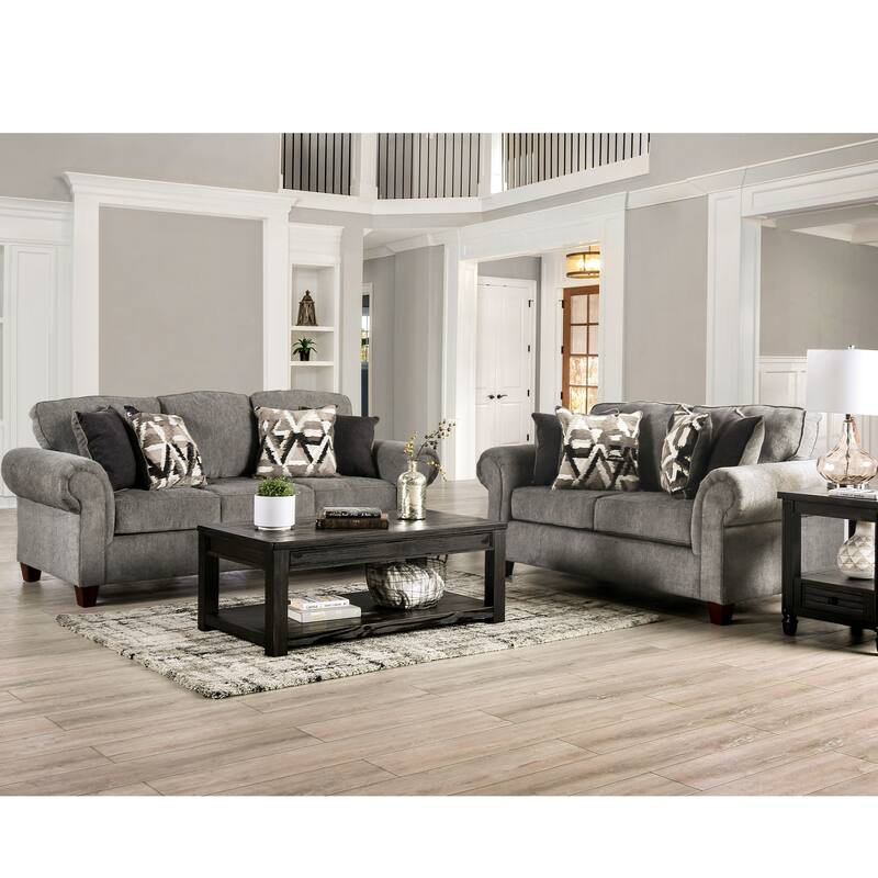 Mecia Transitional Chenille Rolled Arms 2-Piece Sofa Set by Furniture of America - Graphite