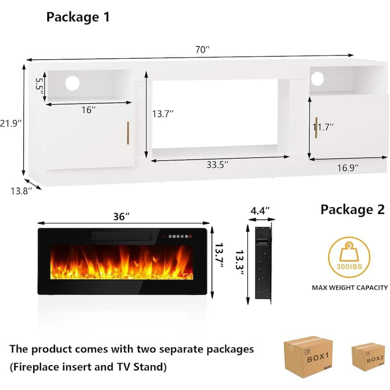 Bossin 70" Fireplace TV Stand with 36" Electric Fireplace, TV Stand for TVs Up to 80", 16 Colors LED Lights/Entertainment Center