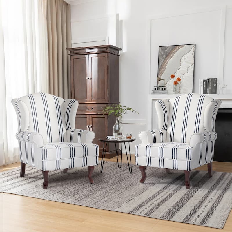 Elegant Living Room Wing Back Arm Chair Upholstered Accent Chair - Set of 2 Chairs - STRIPE NAVY-2 Set