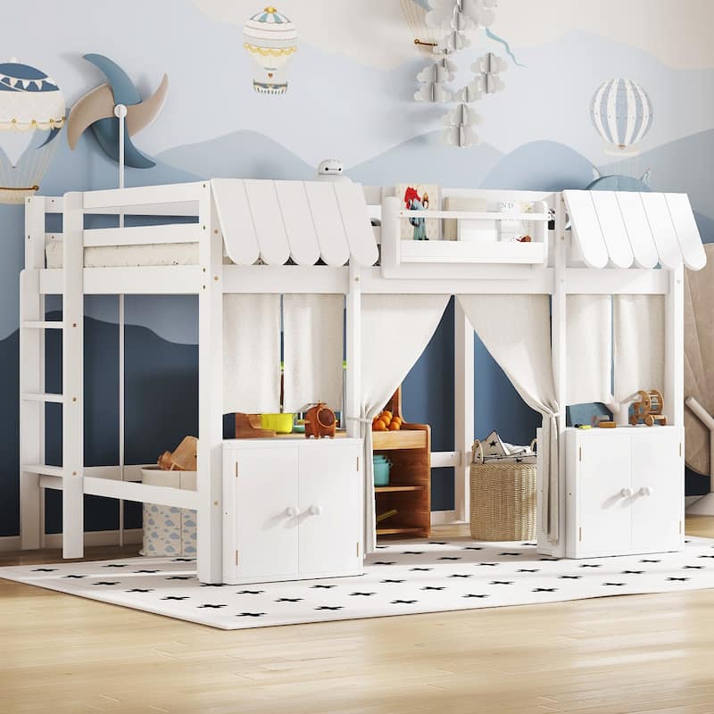 Fairy Tale Cottage Loft Bed with Tent, Bookshelf and Storage Cabinets