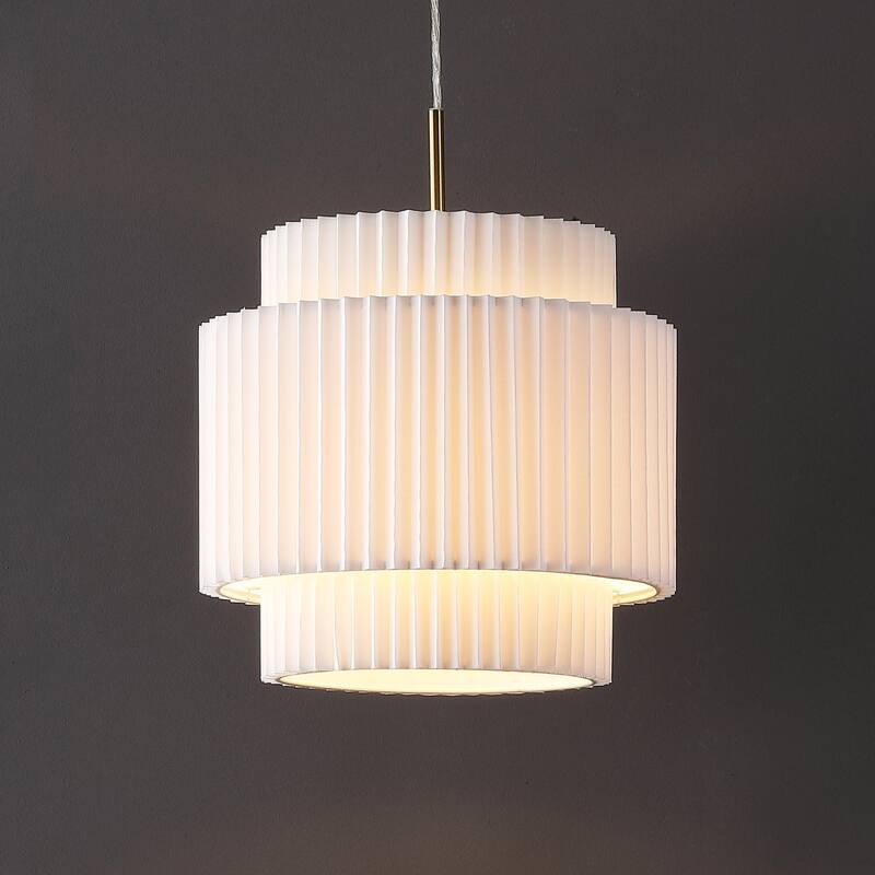Calix 14.5" 1-Light Vintage Mid-Century Iron LED Pendant with Pleated Shade, Brass Gold/White by JONATHAN Y