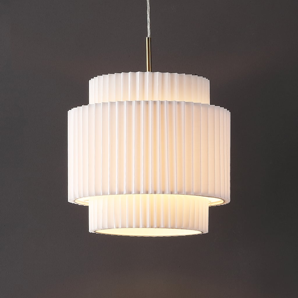 Calix 14.5" 1-Light Vintage Mid-Century Iron LED Pendant with Pleated Shade, Brass Gold/White by JONATHAN Y