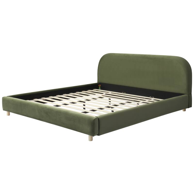 King Size Platform Bed with Velvet Fabric, Upholstered Platform Bed with Curve-Shaped Design Headboard, Olive Green