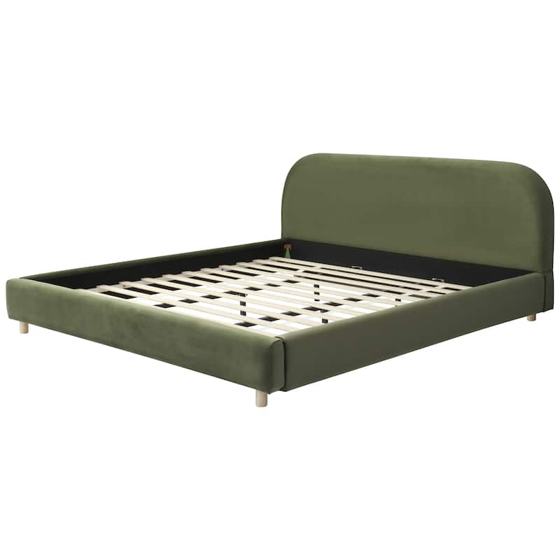 Velvet Upholstered King Size Platform Bed with Curved Headboard, Olive Green