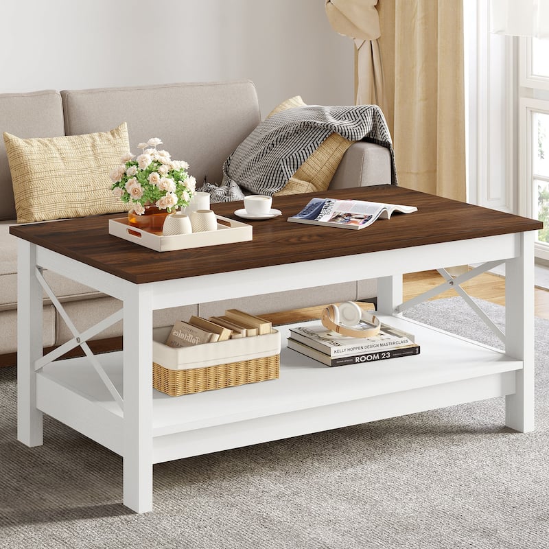Moasis Farmhouse Coffee Table with Shelf, 2-Tier Center Table for Living Room - 22"X39" - Brown&White