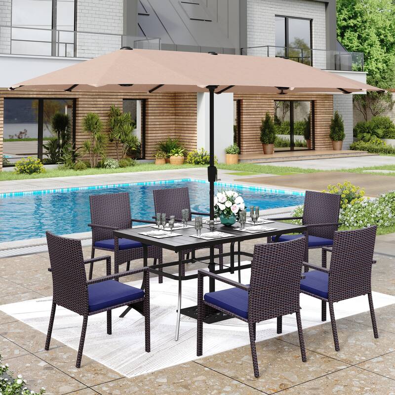 MAISON ARTS 7/8 Pieces Outdoor Patio Dining Set, 6 PE Rattan Chairs with Cushions and 1 Rectangle Metal Table