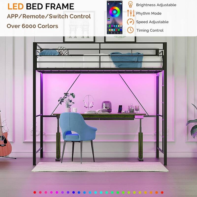 Black Queen Metal Loft Bed with LED Lights,Charging Station,Safety Guardrail and Ladder
