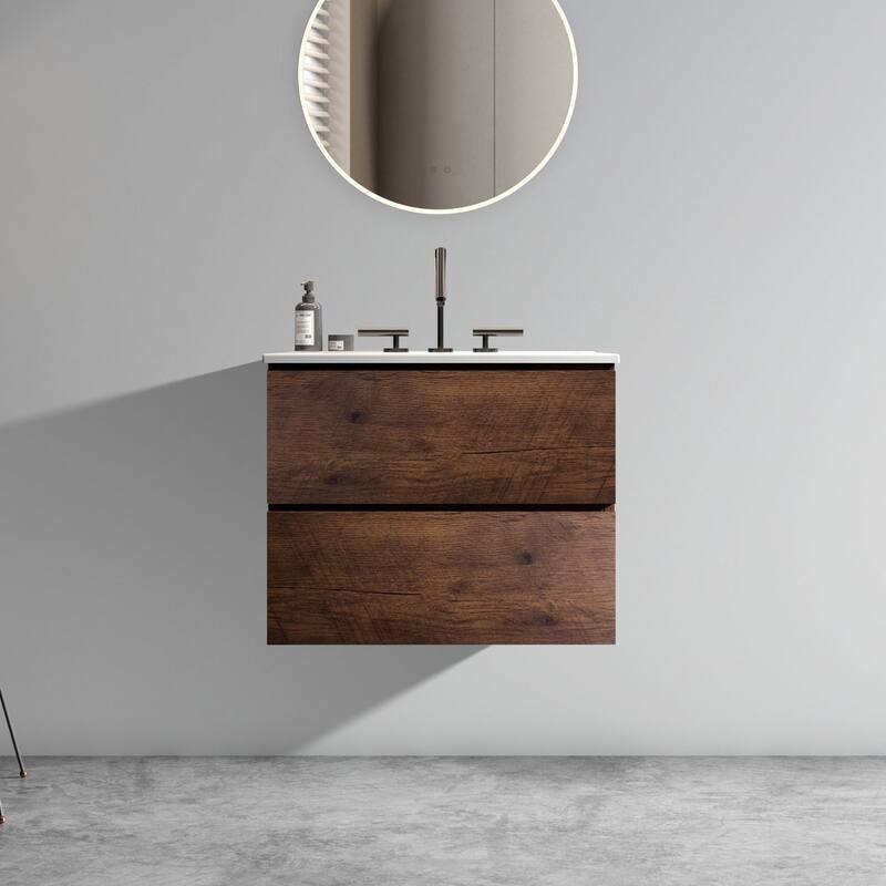 GDFStudio - Coralie Modern Floating Bathroom Vanity with Integrated Ceramic Sink and Soft-Close Storage - Walnut - 24" (three faucet holes)