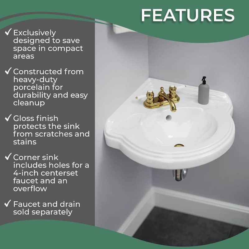 Portsmouth White Ceramic Corner Wall Mount Bathroom Sink with Overflow, Bracket and Backsplash