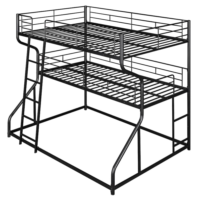 Full XL/Twin XL/Queen Triple Bunk Bed with Long and Short Ladder, Curved Metal Triple Bunk Bed Frame with Safety Guardrail