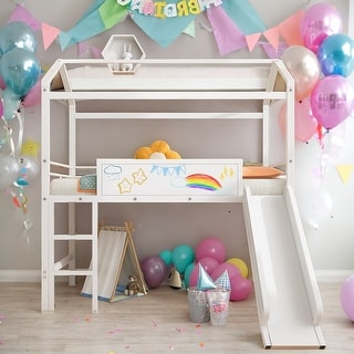 Twin Size Metal Loft Bed with Two-sided writable Wooden,Metal House Bed With Slide,Multi-Functional Children's Loft Bed