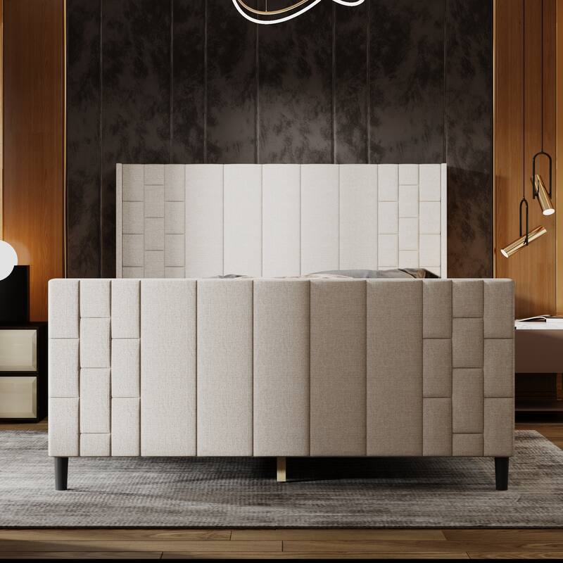 Upholstered Bed Frame with USB Port, Platform Bed with Headboard and Footboard Queen Size