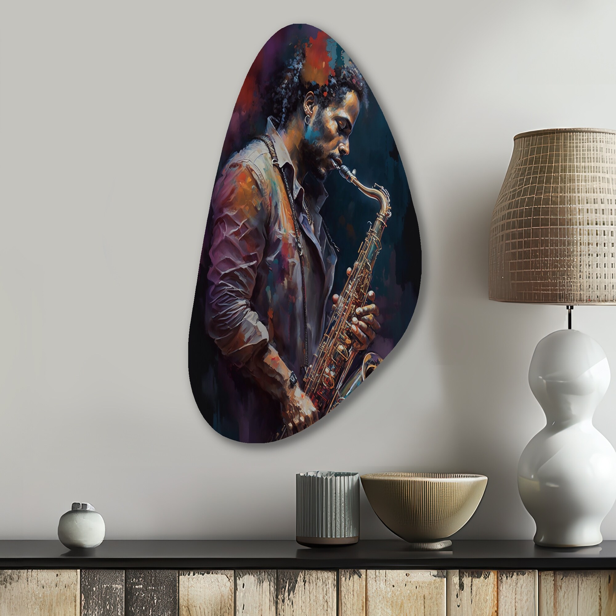 Designart Saxophone Player On Stage III Music Metal Wall Decor Modern Black Metal Fall Shape Print Bed Bath Beyond 42214608