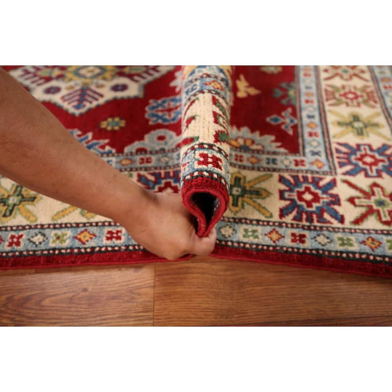 Red Geometric Kazak Oriental Foyer Rug Hand-Knotted Wool Carpet - 3'4" x 5'6"
