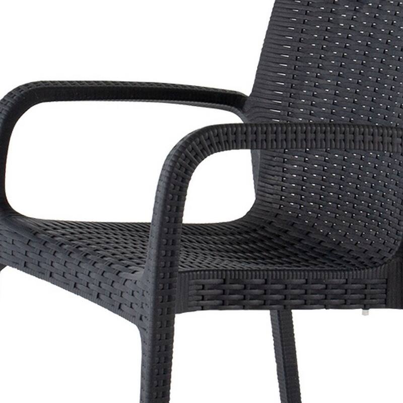 HomeRoots Set of Two Black Faux Rattan Heavy Duty Plastic Outdoor Stacking Arm Chairs