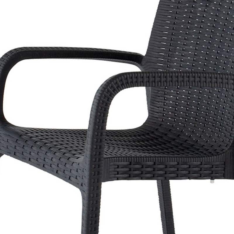 HomeRoots Set of Two Black Faux Rattan Heavy Duty Plastic Outdoor Stacking Arm Chairs