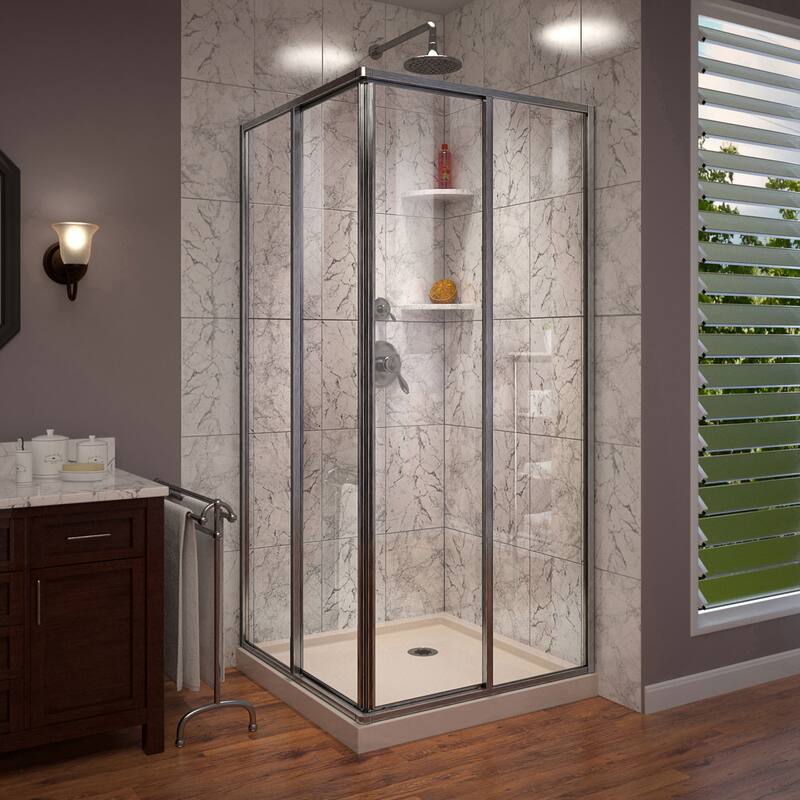 DreamLine Cornerview 36 in. D x 36 in W x 74 3/4 in H Framed Sliding Shower Enclosure in Brushed Nickel with Biscuit Shower Base