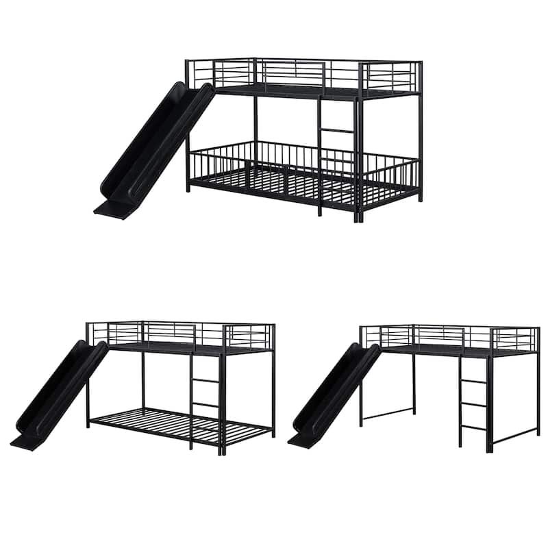 Black Twin over Twin Size Metal Bunk Bed with Slide and Guardrails for Kids