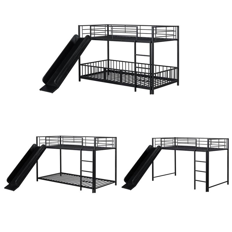Twin over Twin Metal Bunk Bed with Slide, Guardrails, and Convertible Loft Design, Black