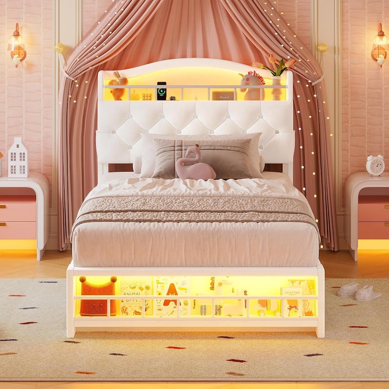 Bed Frame LED Lights Charging Station Platform Bed Princess Girls