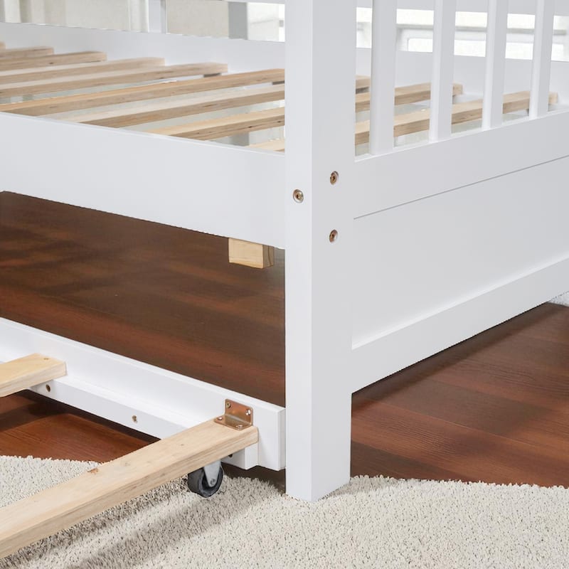 Wooden Twin/Full Size House Bed with Trundle, Storage Shelf & Roof Design - Kids Modern Playhouse Bed Frame