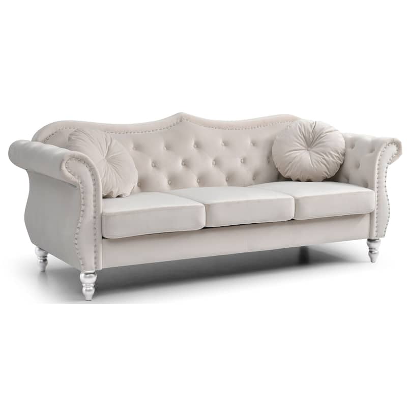 Velvet Tufted Chesterfield 3-Seater Sofa with Throw Pillows - 82" - Beige