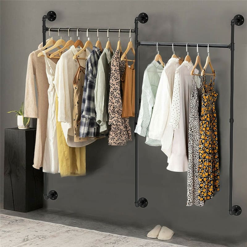 Industrial Pipe Clothes Rack Wall Mounted Iron Garment Bar for Closet - Black