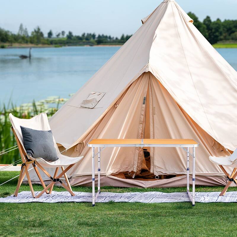 Portable Folding Table with Aluminum Frame and Wood Grain Top