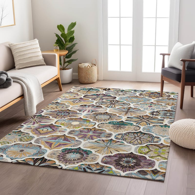 Machine Washable Indoor/ Outdoor Trellis Mosaic Chantille Rug
