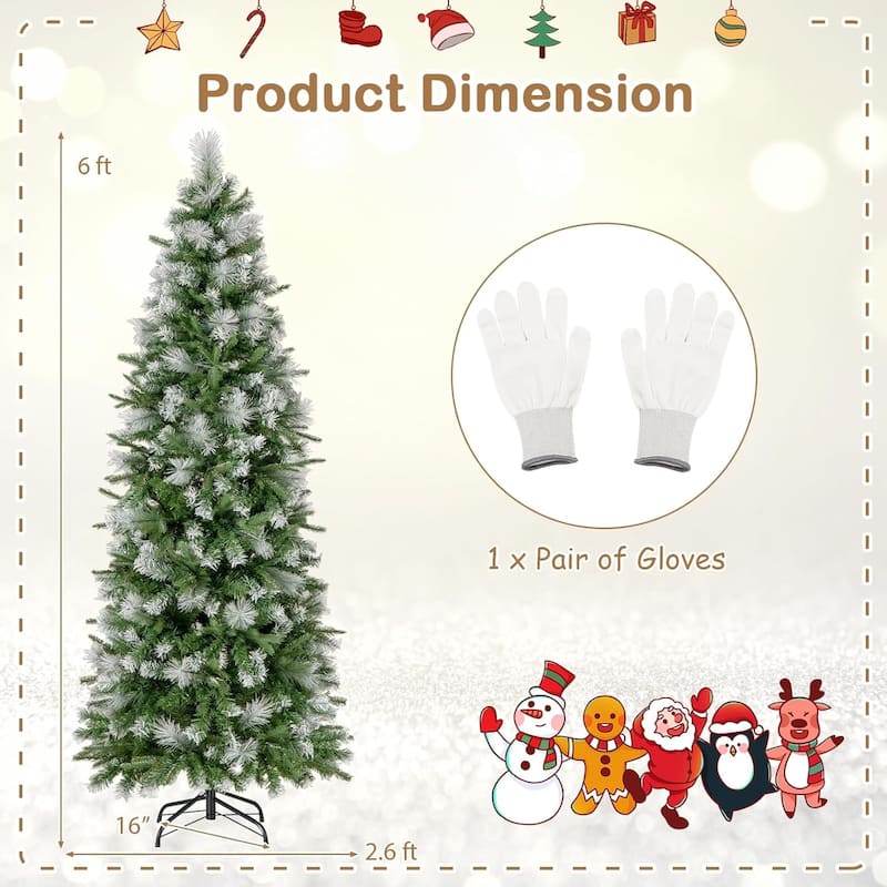 6/7.5/9 FT Pre-Lit Pencil Christmas Tree Snow Flocked Slim Artificial Tree - Green & White - 6 Foot