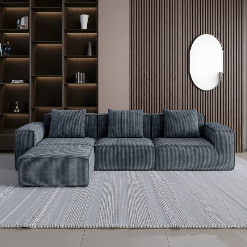 118Inch Modular Grey Soft Corduroy Cloud Velvet Fabric Free Conversion Sofa with Footrest