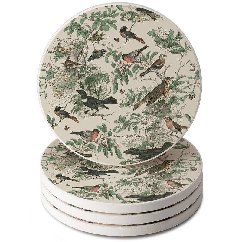 Honeybloom Birds 4 Pack Round Absorbent Stone Coasters with Protective Cork Backing Manufactured in The USA - Multi-Color